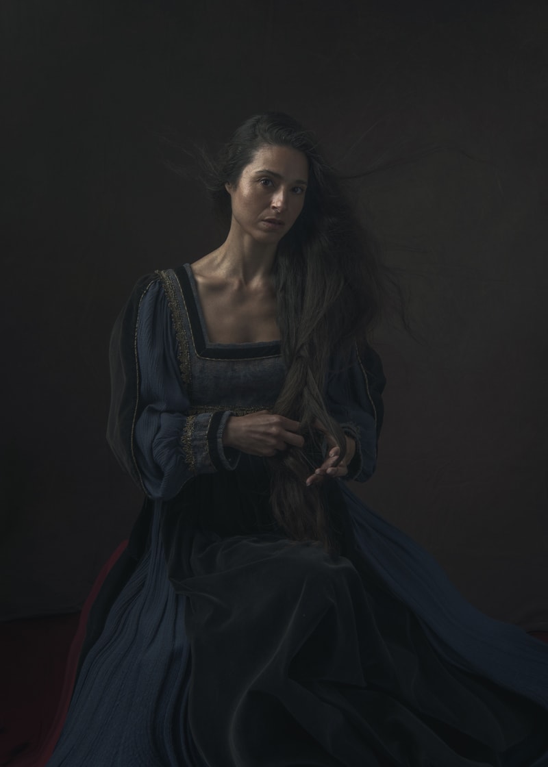 portrait, studio portrait, model, dark mood, dark colors, medieval
