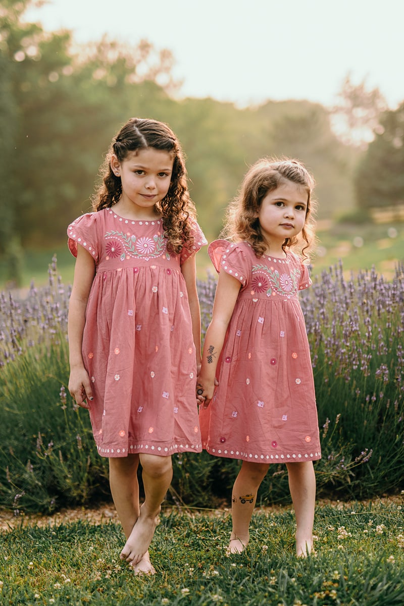 sisters in red dresses holding hands next to lavender during an outside summer family session in Loudoun County by Bella Luna Photography